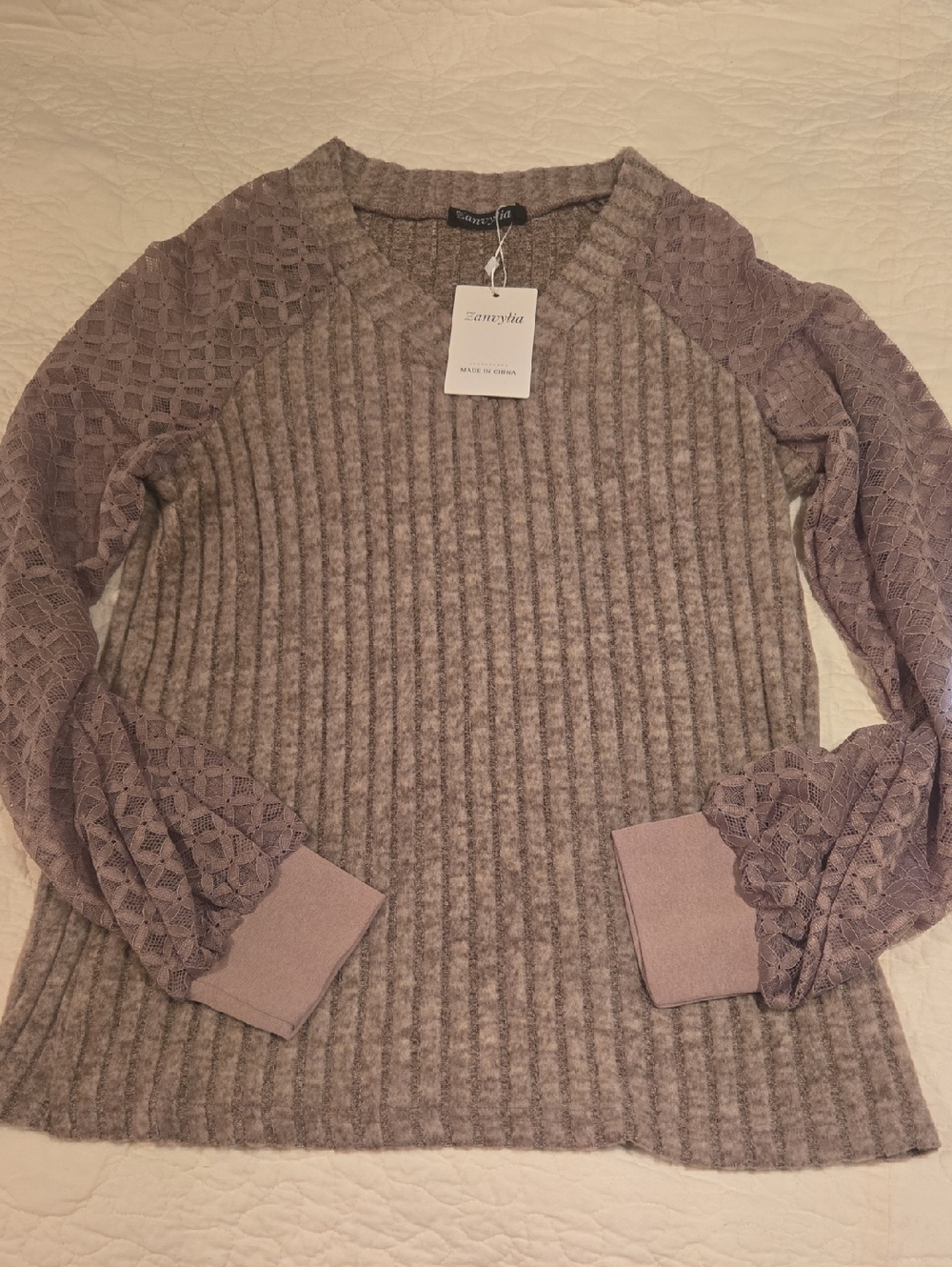 Zanvylia Ribbed Knit Sweater with Lace Sleeves - Mauve Nwt Size S